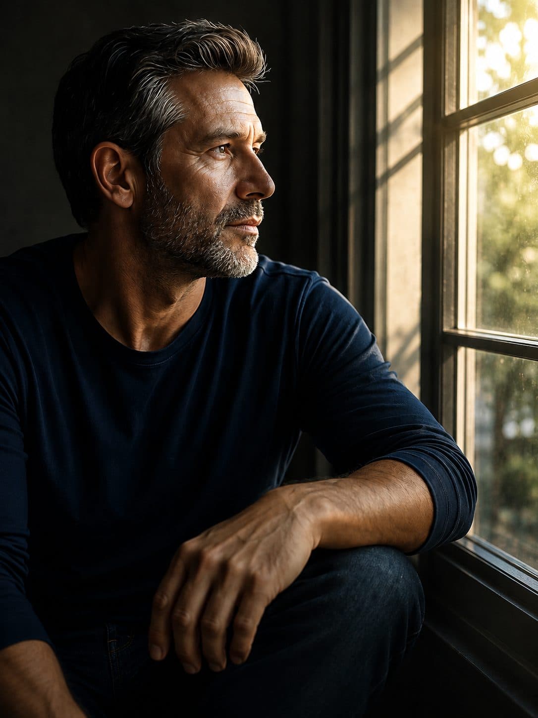 Man in his 40s looking out a window in morning light